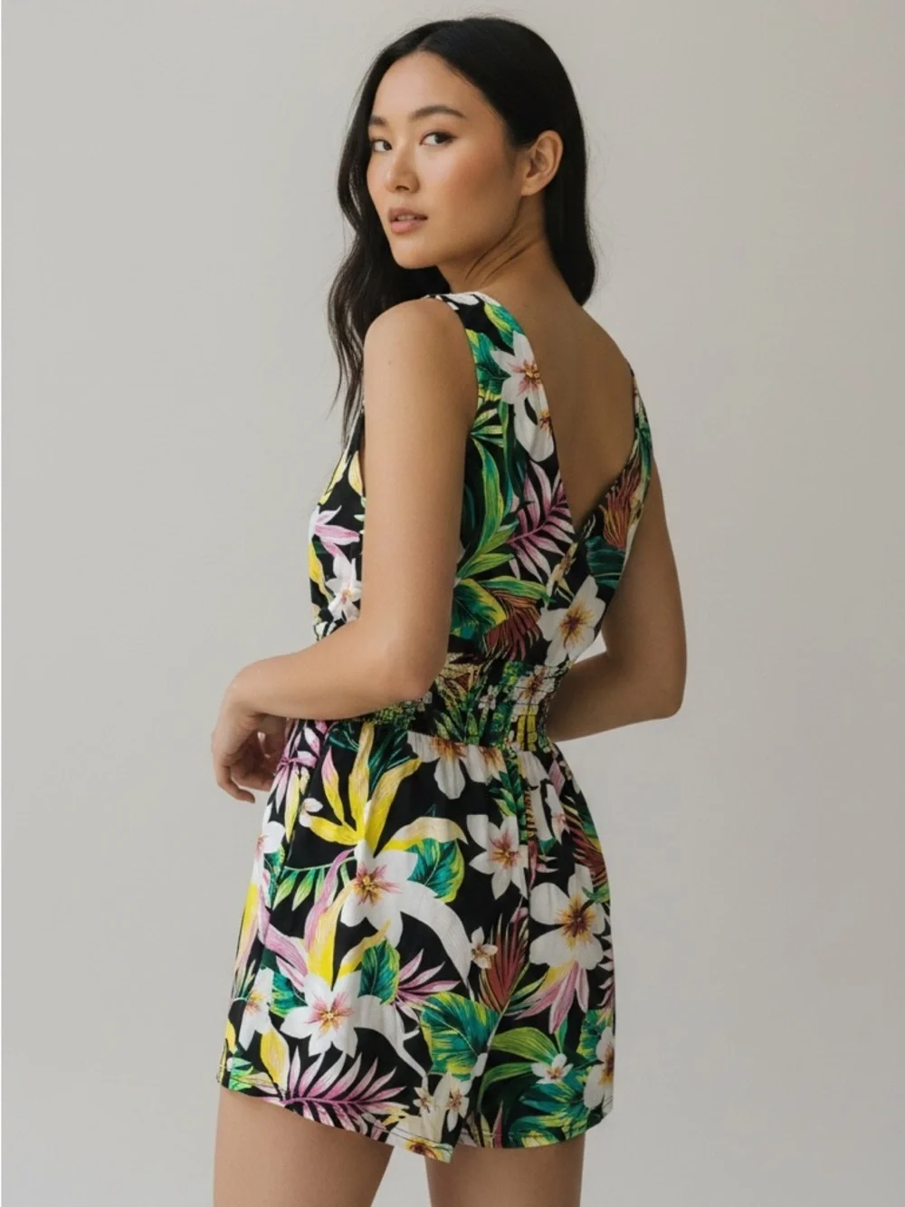 C-Mode - EC - Floral V-Neck Smocked Romper - Black Multi - Picture 3 of 4